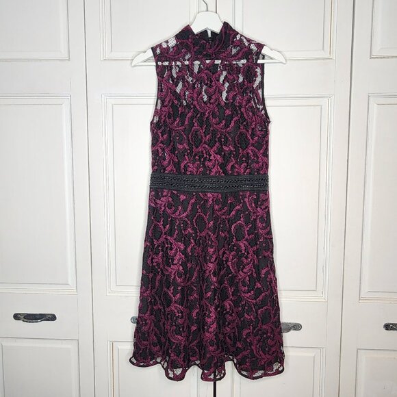 Rachel Roy Lace Cocktail Dress Size 6 Black & Magenta High Neck Fit and Flare - Picture 2 of 9